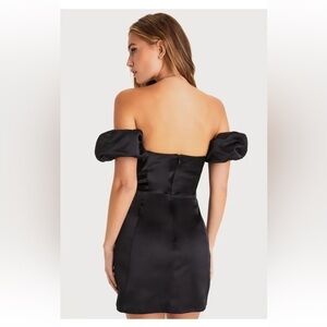 Black satin off the shoulder mini dress